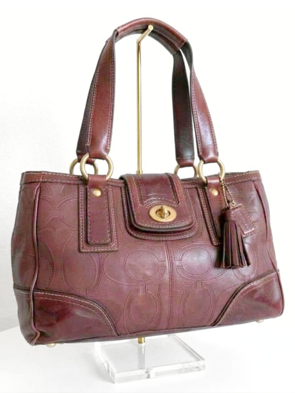 COACH Hampton Signature Satchel Shoulder Mahogany Brown Leather Bag EUC